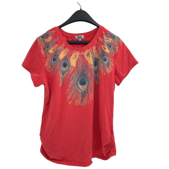Vintage Moschino Jeans Red Peacock Feather Tee Y2K 4XL Statement Top - Picture 1 of 5